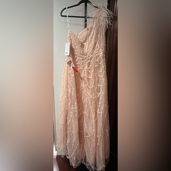 Feathered one shoulder A-line embroidered long gown - Picture 11 of 11